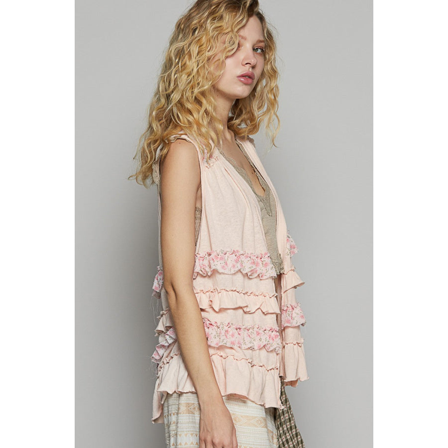 POL Ruffled Open Front Sleeveless Cardigan Apparel and Accessories