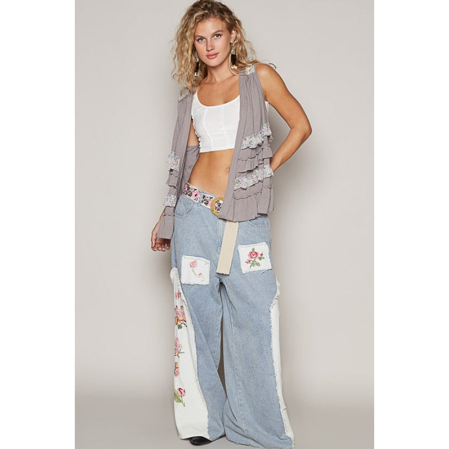 POL Ruffled Open Front Sleeveless Cardigan Apparel and Accessories