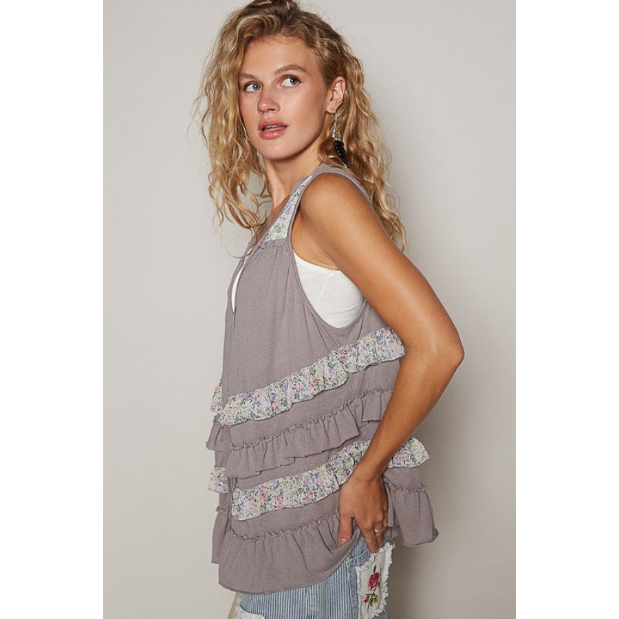 POL Ruffled Open Front Sleeveless Cardigan Stone Grey Multicolor / S Apparel and Accessories