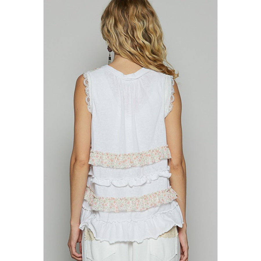 POL Ruffled Open Front Sleeveless Cardigan Apparel and Accessories