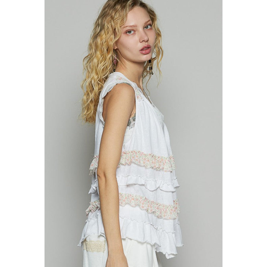 POL Ruffled Open Front Sleeveless Cardigan Apparel and Accessories