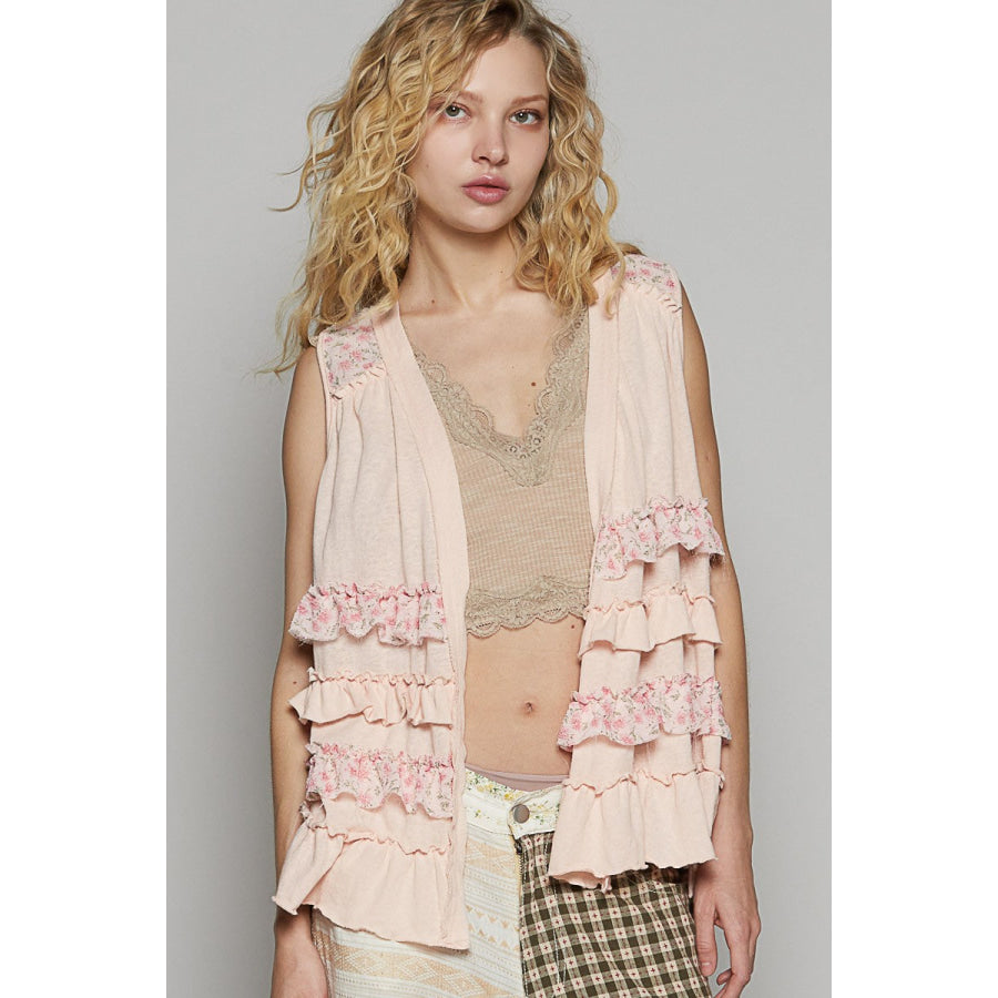 POL Ruffled Open Front Sleeveless Cardigan Blush Pink / S Apparel and Accessories