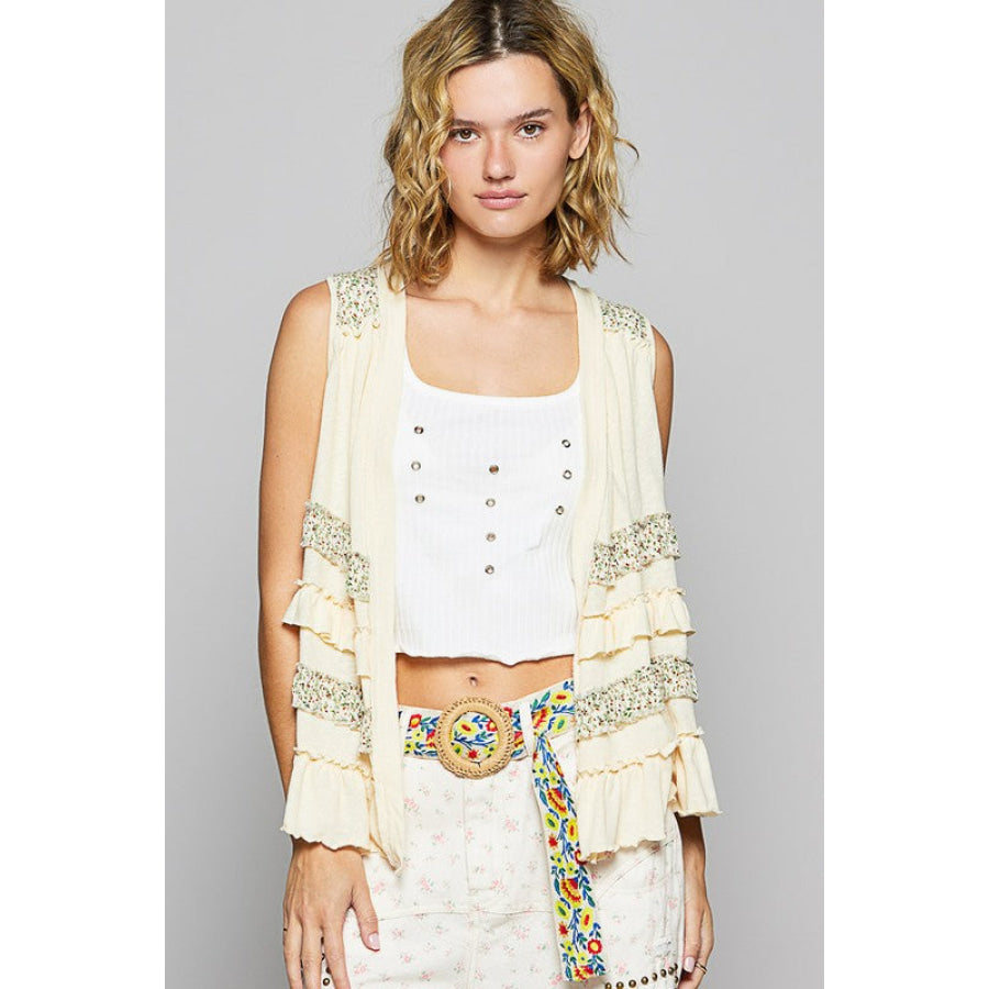 POL Ruffled Open Front Sleeveless Cardigan CREAM MULTICOLOR / S Apparel and Accessories