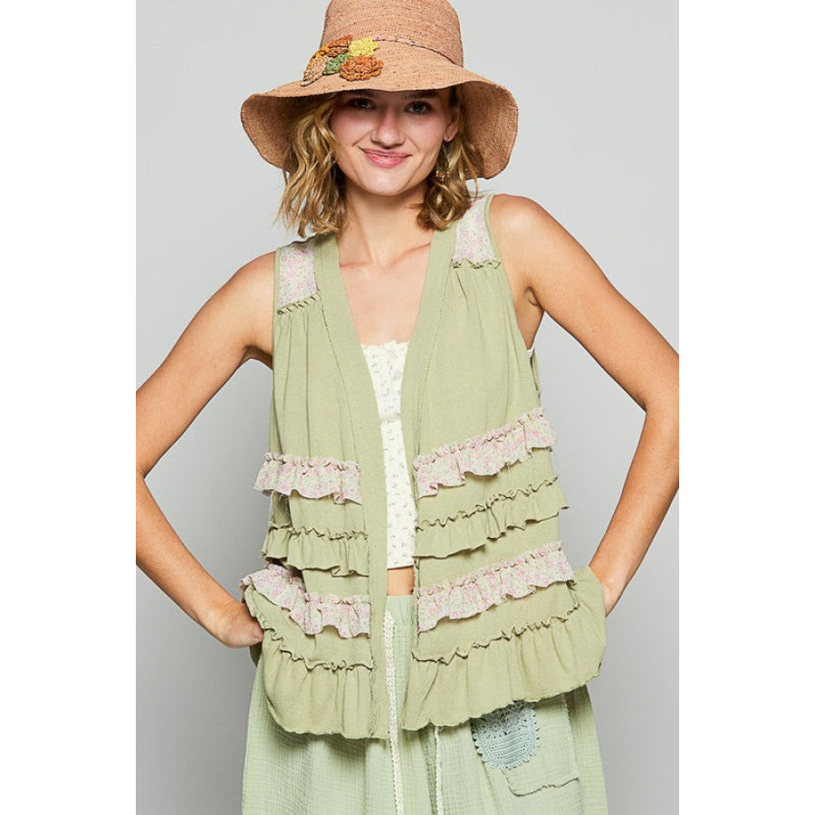 POL Ruffled Open Front Sleeveless Cardigan Sage Multicolor / S Apparel and Accessories
