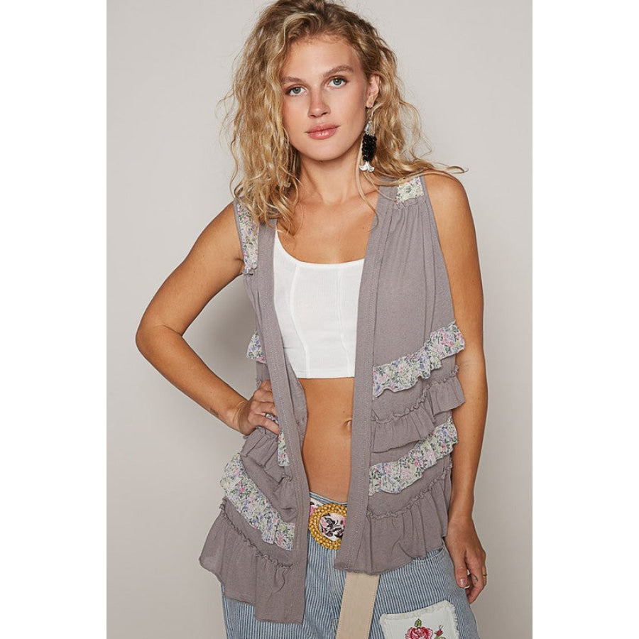 POL Ruffled Open Front Sleeveless Cardigan Stone Grey Multicolor / S Apparel and Accessories