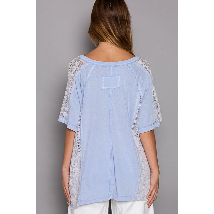 POL Short Sleeve Lace Crochet Panel Top Apparel and Accessories
