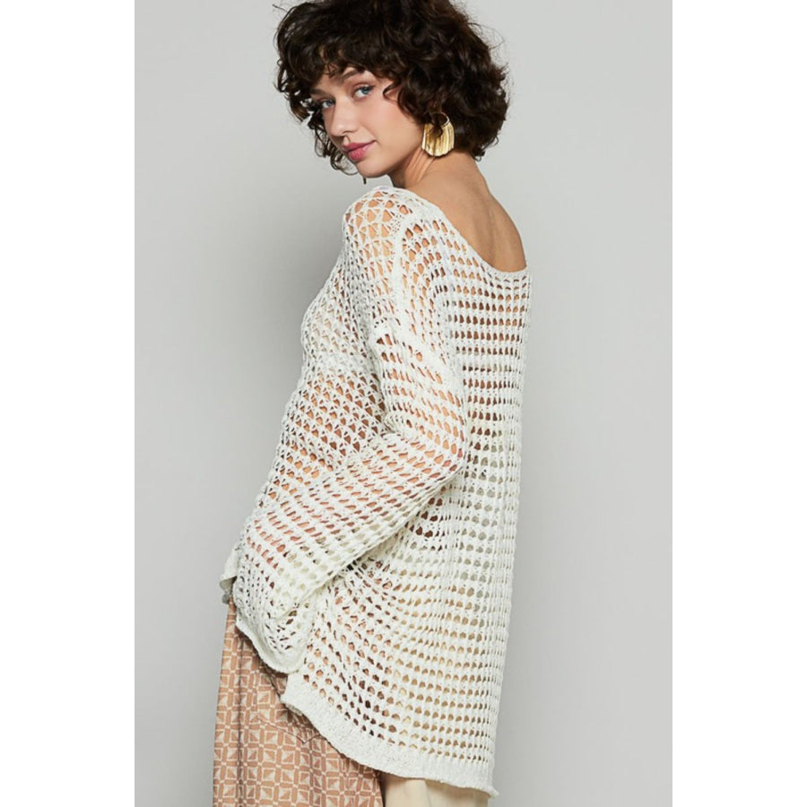 POL Side Slit Openwork Long Sleeve Knit Cover Up Apparel and Accessories