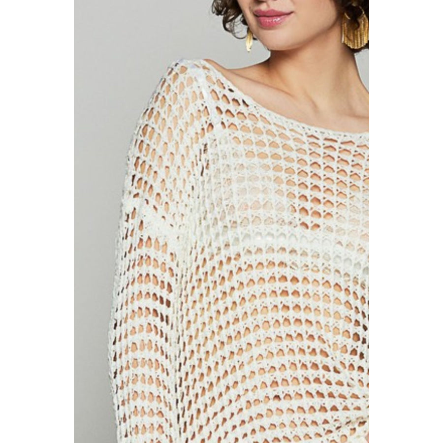 POL Side Slit Openwork Long Sleeve Knit Cover Up Apparel and Accessories