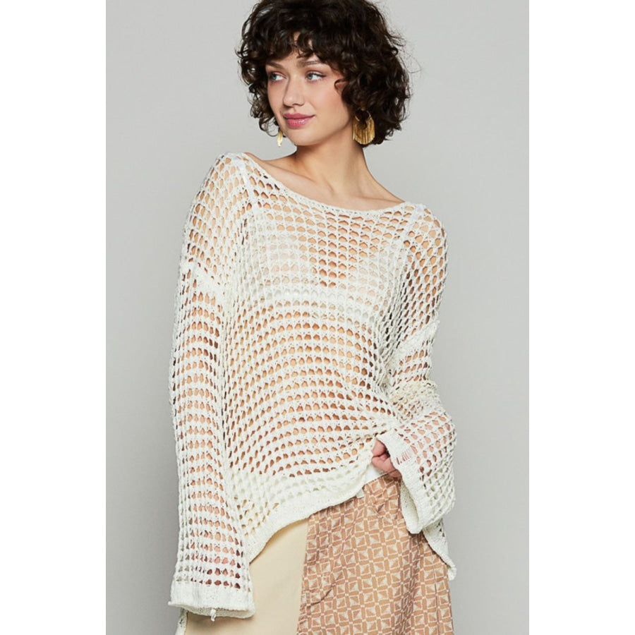 POL Side Slit Openwork Long Sleeve Knit Cover Up Cream / S Apparel and Accessories