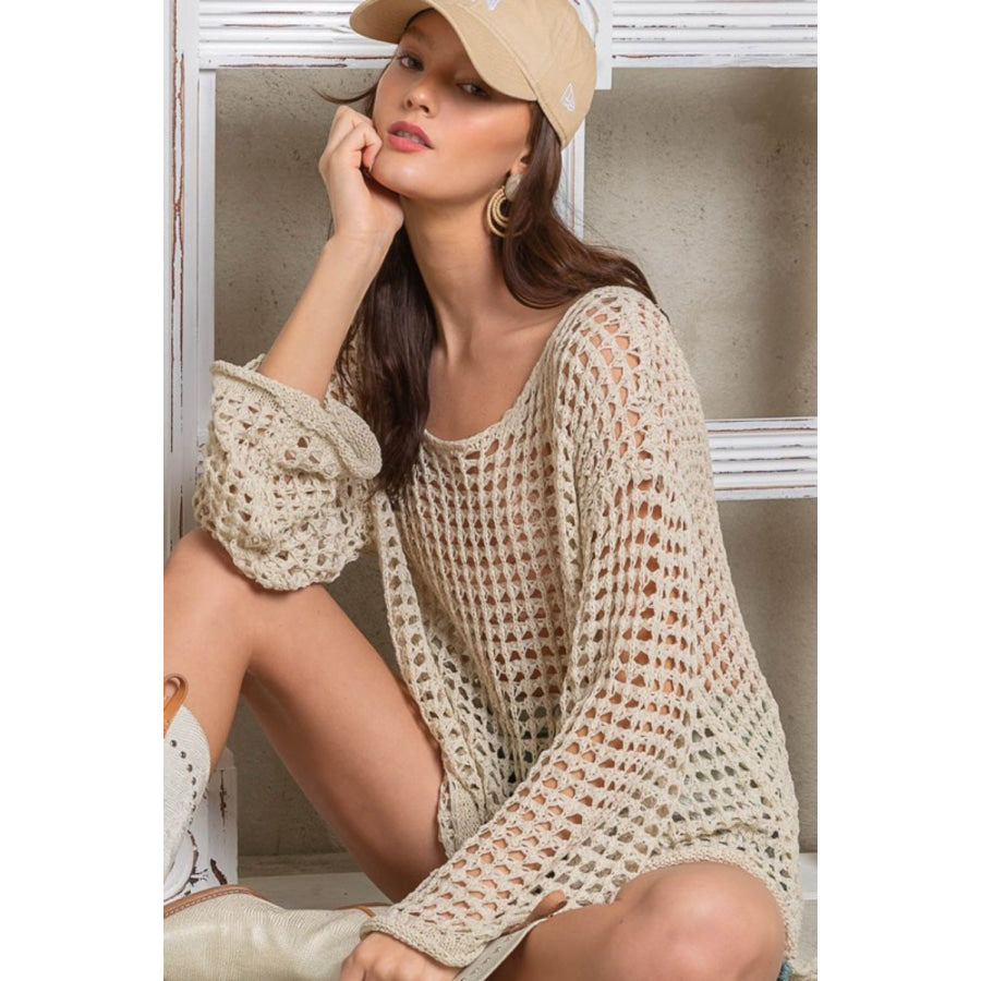 POL Side Slit Openwork Long Sleeve Knit Cover Up Natural / S Apparel and Accessories