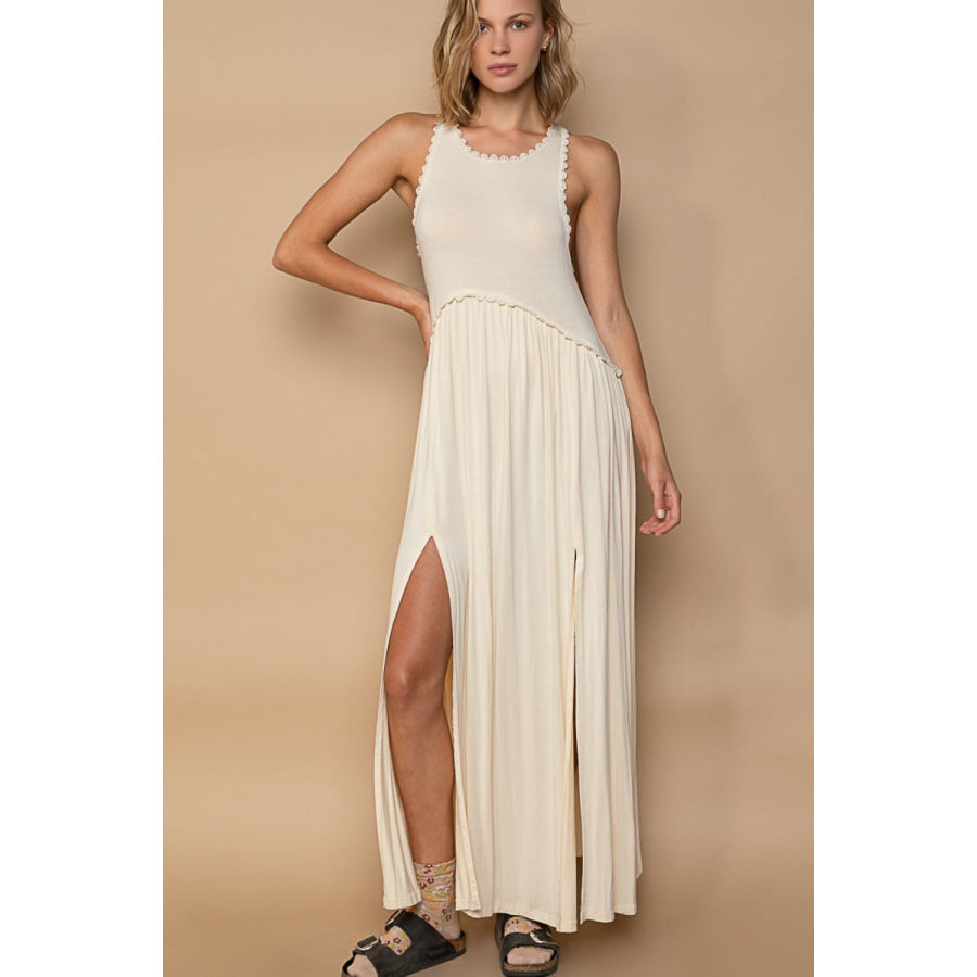 POL Sleeveless Back Zipper Front Slit Maxi Dress Cream / S Apparel and Accessories