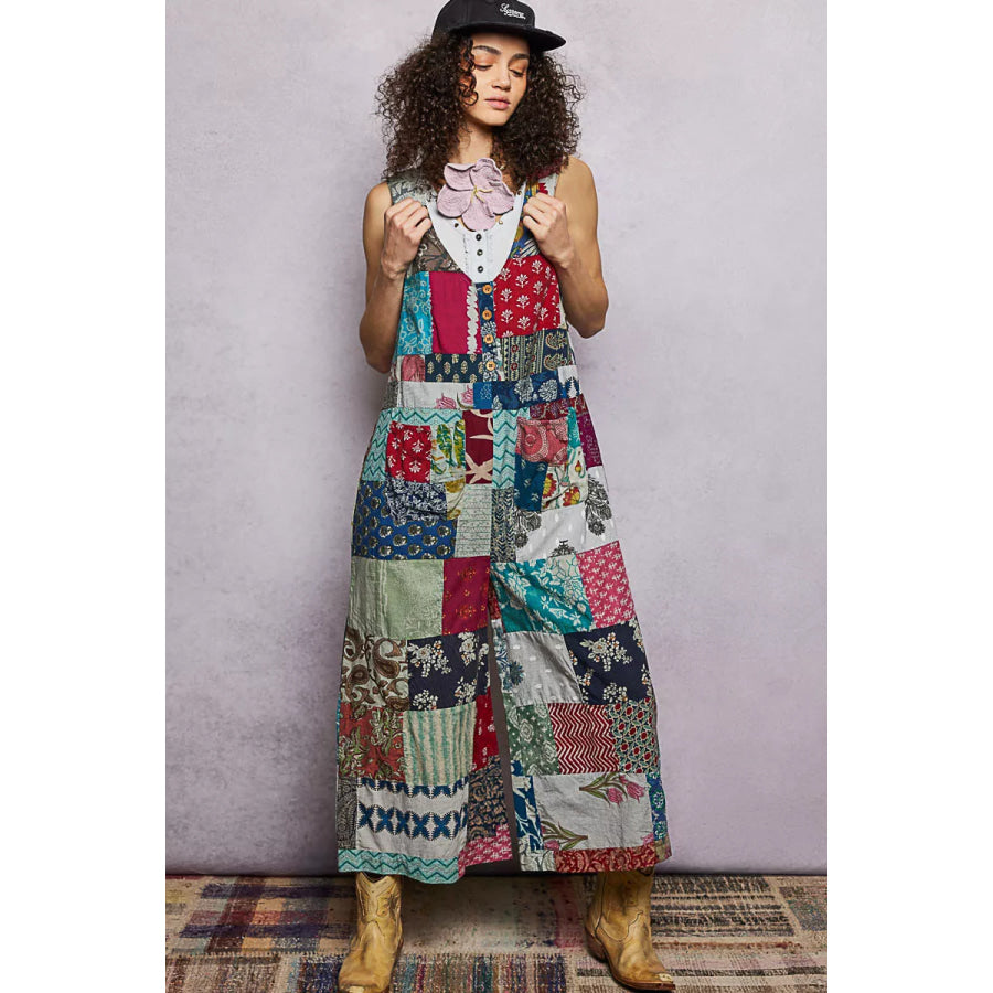 POL Sleeveless Patchwork Wide Leg Jumpsuit Apparel and Accessories