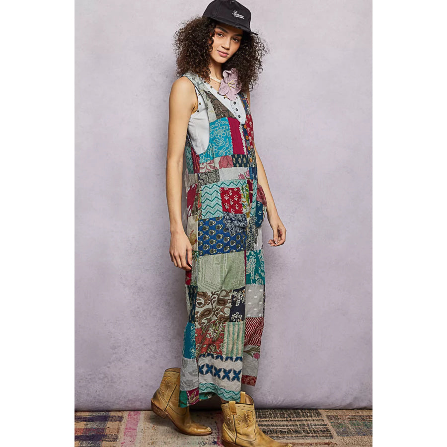 POL Sleeveless Patchwork Wide Leg Jumpsuit Apparel and Accessories