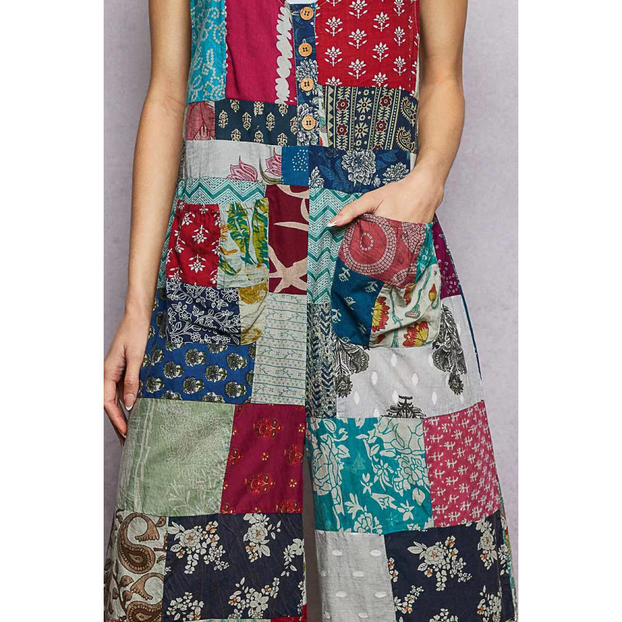 POL Sleeveless Patchwork Wide Leg Jumpsuit Apparel and Accessories