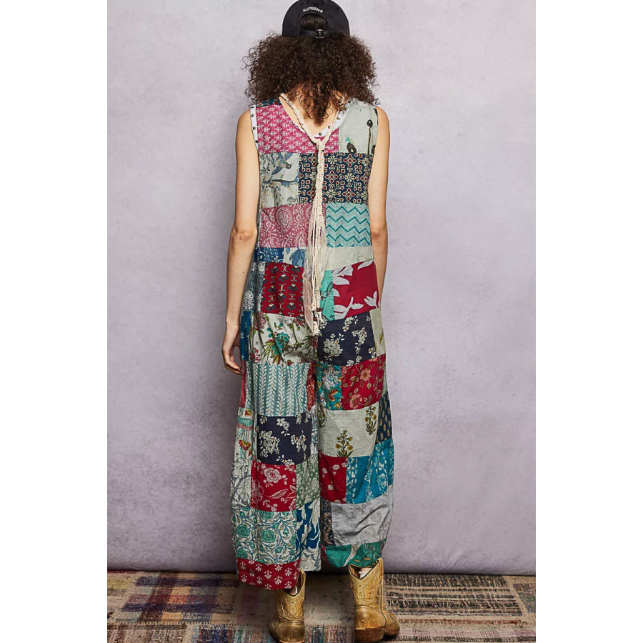 POL Sleeveless Patchwork Wide Leg Jumpsuit Apparel and Accessories