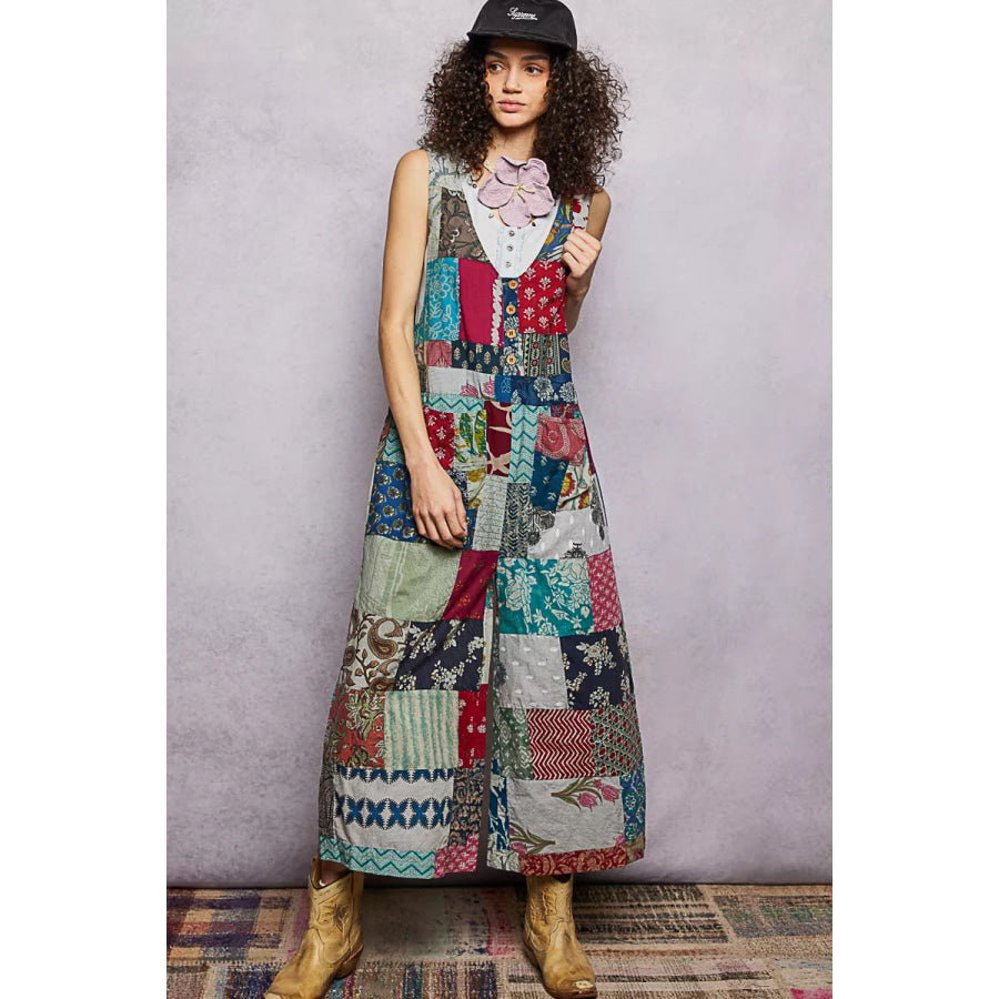 POL Sleeveless Patchwork Wide Leg Jumpsuit SAGE MULTI / S Apparel and Accessories