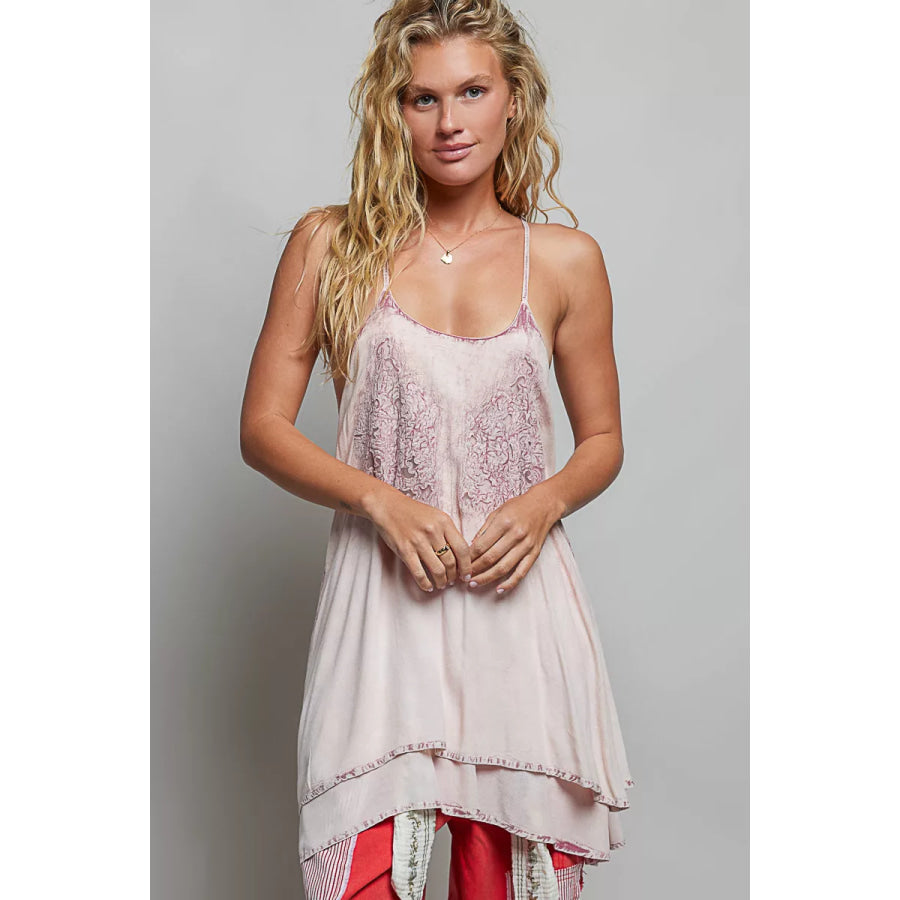 POL Solid Vintage Wash Embroidered Sleeveless Cotton Mini Dress ROSE PINK / S Apparel and Accessories