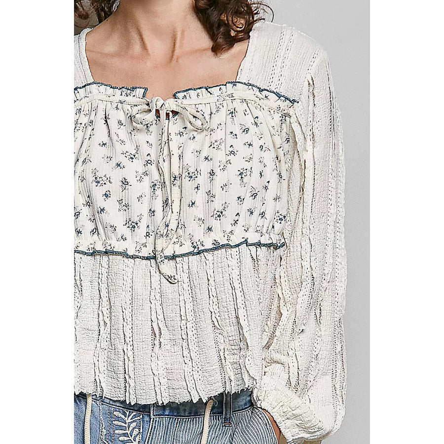 POL Square Neck Lace Long Balloon Sleeve Top Apparel and Accessories