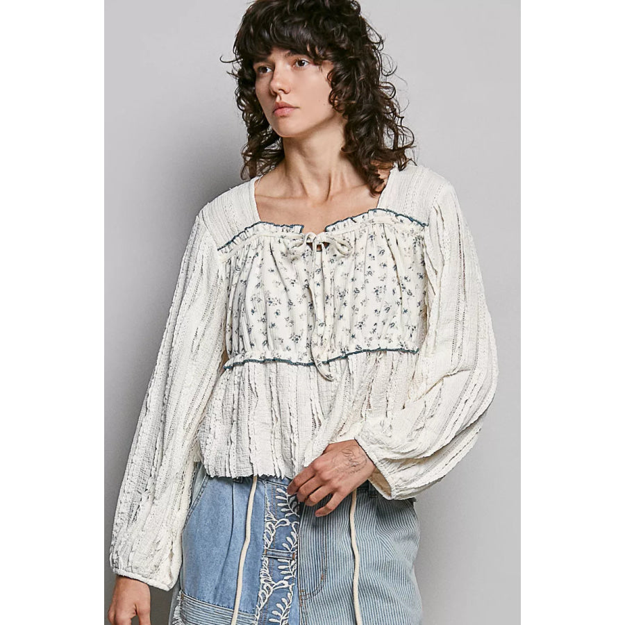 POL Square Neck Lace Long Balloon Sleeve Top Apparel and Accessories
