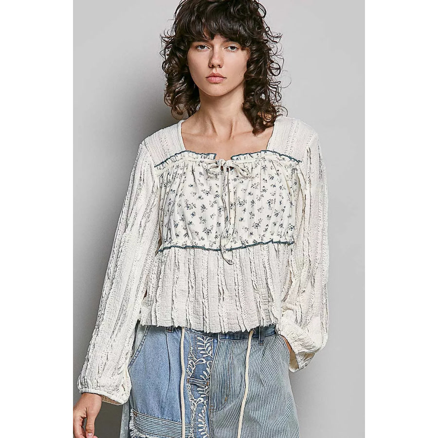POL Square Neck Lace Long Balloon Sleeve Top CREAM / S Apparel and Accessories
