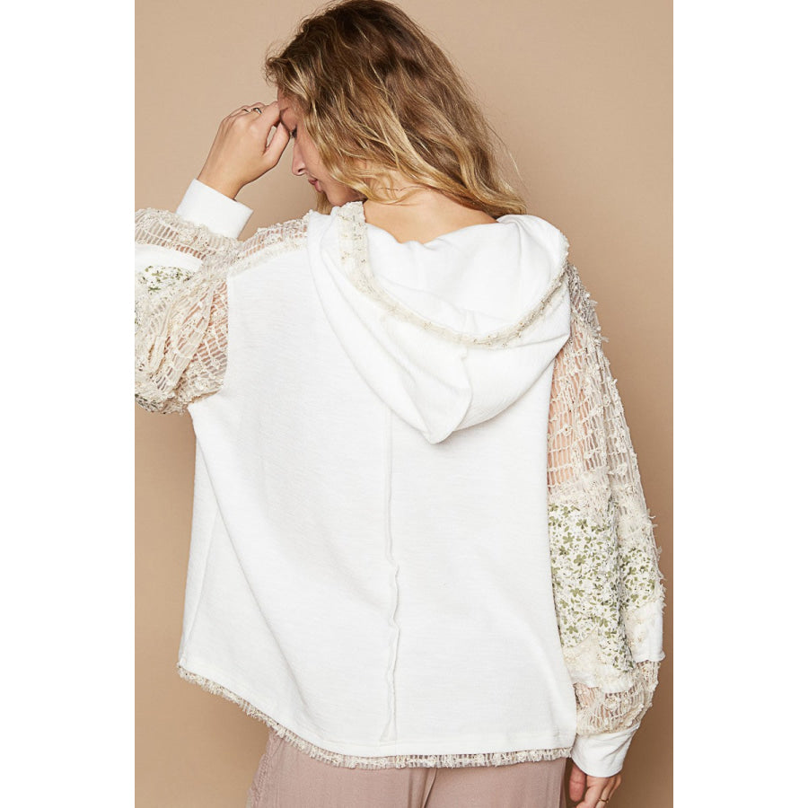 POL Star Patch Lace Contrast Long Sleeve Hooded Top Ivory Multi / S Apparel and Accessories