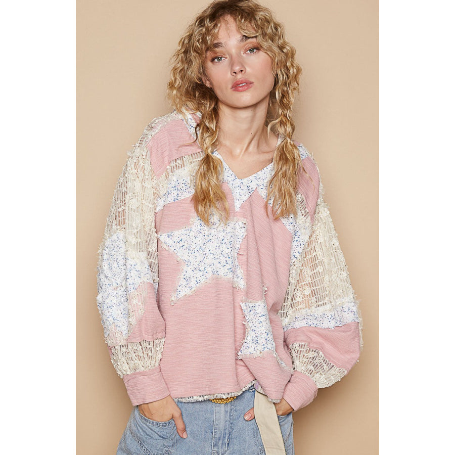 POL Star Patch Lace Long Sleeve Hooded Top Apparel and Accessories