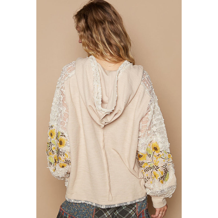 POL Star Patch Lace Long Sleeve Hooded Top Beige Multi / S Apparel and Accessories