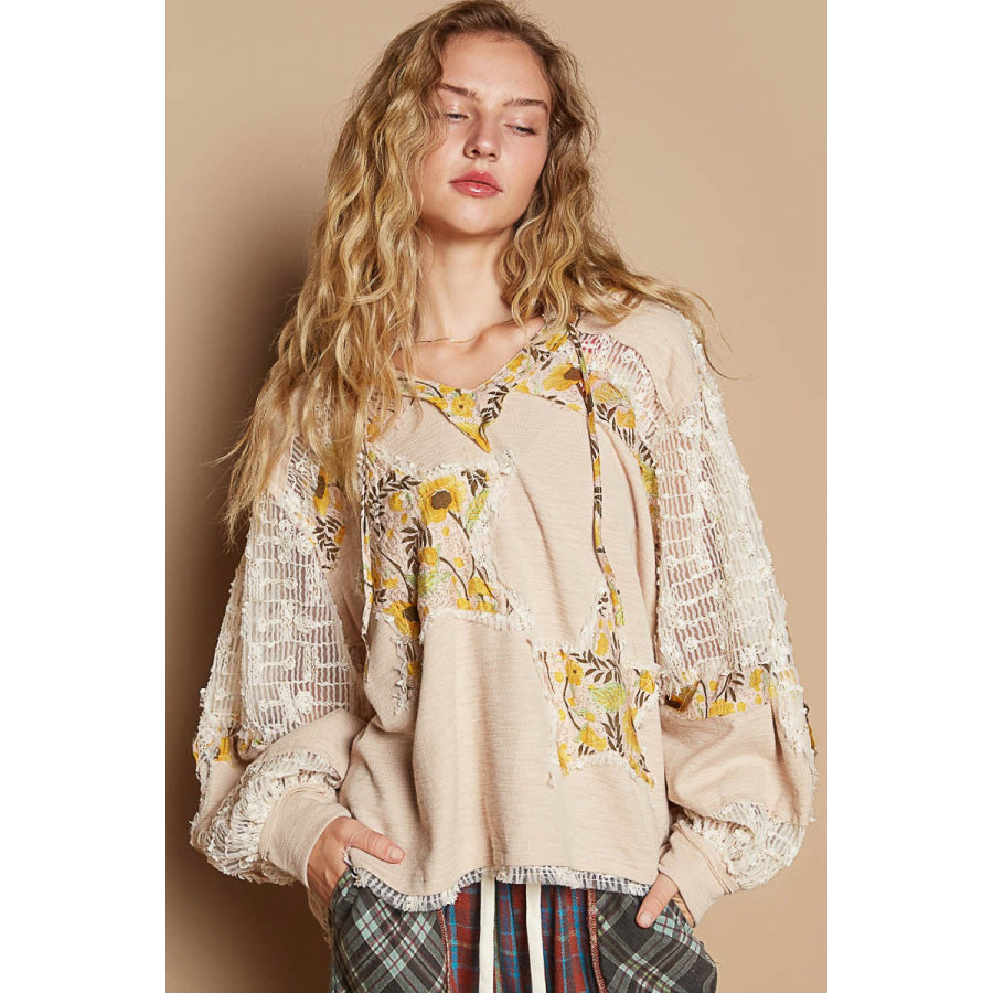 POL Star Patch Lace Long Sleeve Hooded Top Beige Multi / S Apparel and Accessories