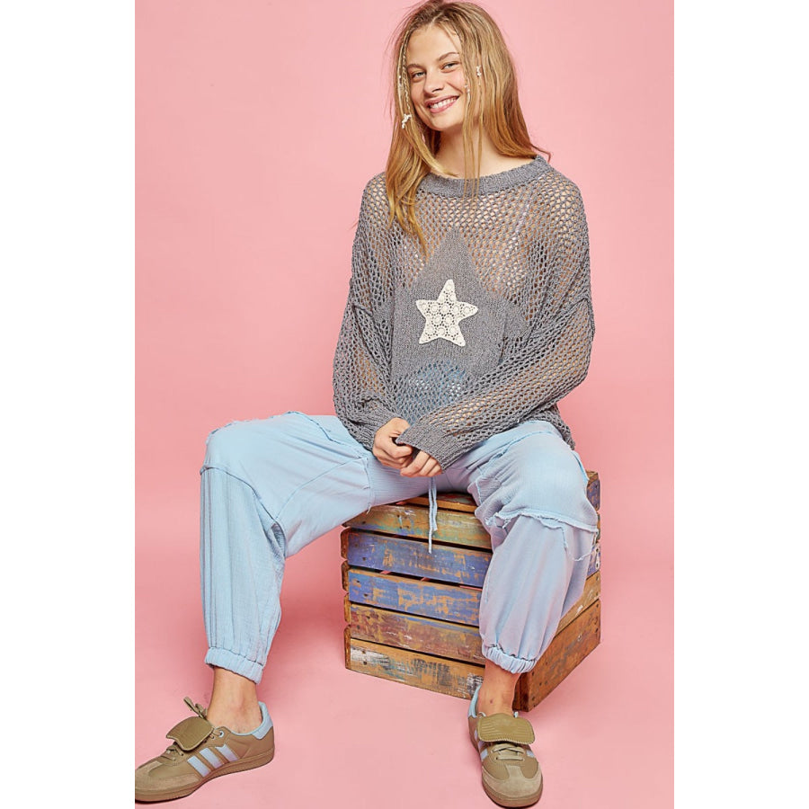 POL Star Patch Long Sleeve Knit Cover Up Iron Grey / S Apparel and Accessories