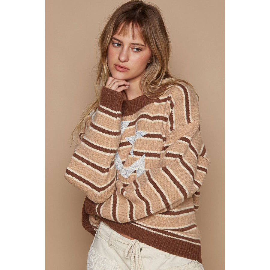 POL Star Patch Stripe Round Neck Sweater Apparel and Accessories