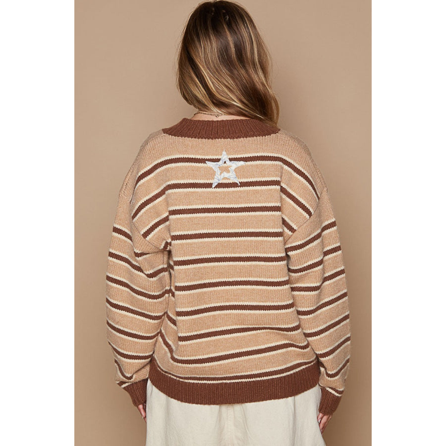 POL Star Patch Stripe Round Neck Sweater Apparel and Accessories