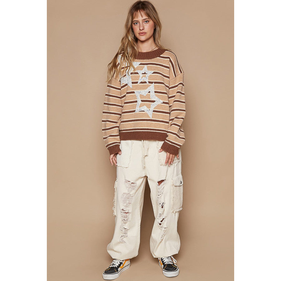 POL Star Patch Stripe Round Neck Sweater Apparel and Accessories