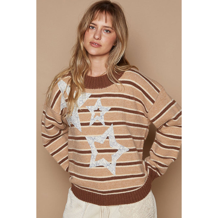 POL Star Patch Stripe Round Neck Sweater Apparel and Accessories