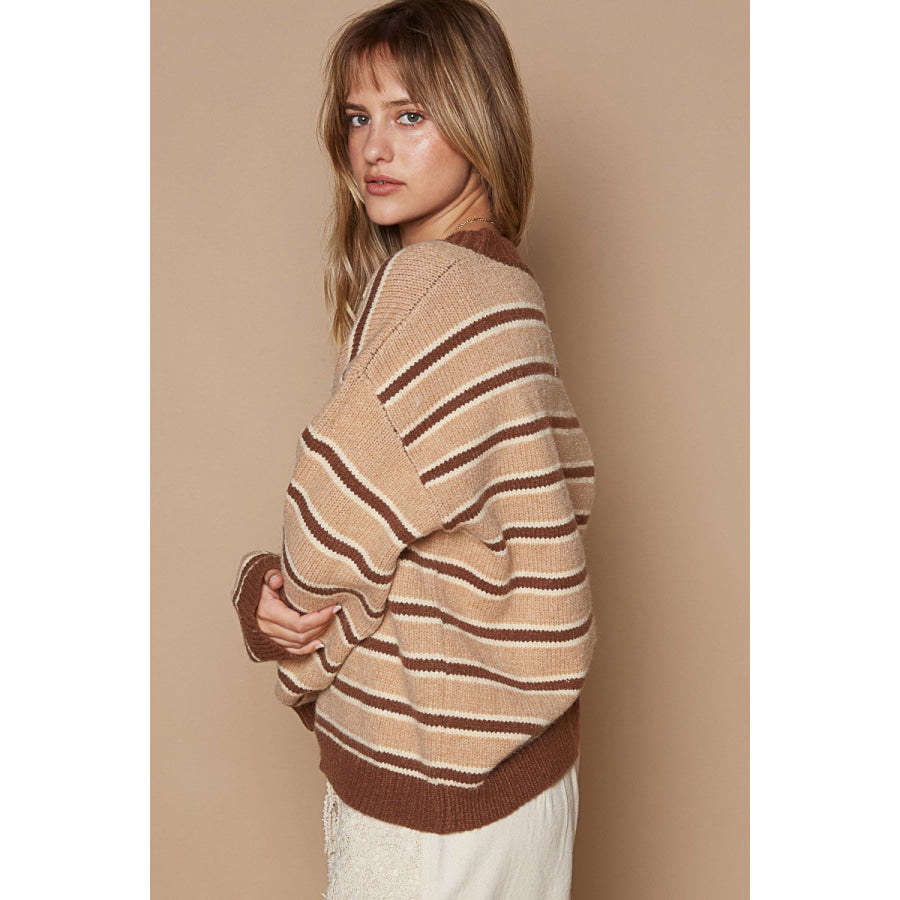 POL Star Patch Stripe Round Neck Sweater Apparel and Accessories