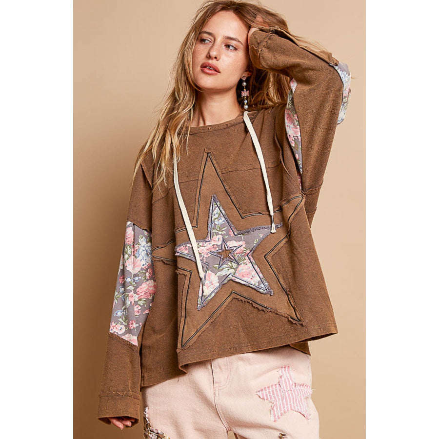 POL Star Patchwork Raw Edge French Terry Hoodie Brown / S Apparel and Accessories