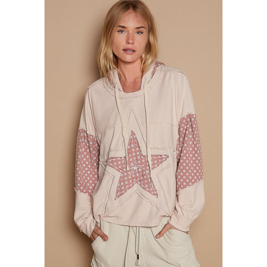 POL Star Patchwork Raw Edge French Terry Hoodie Dusty Rose / S Apparel and Accessories