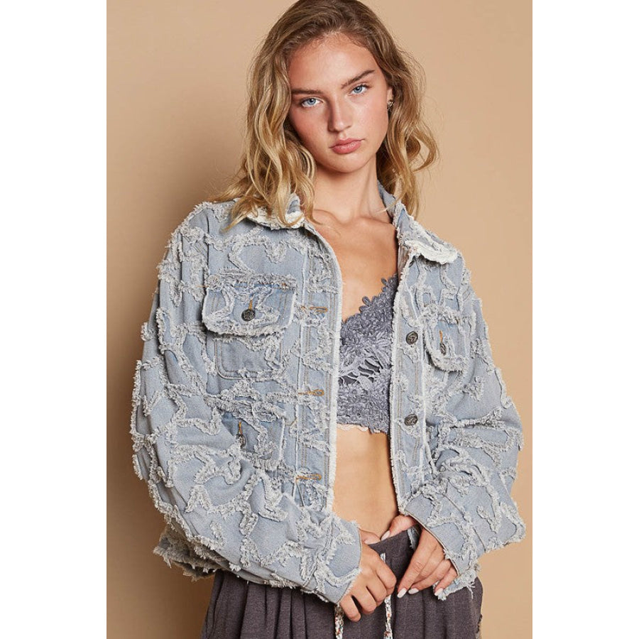 POL Star Textured Raw Hem Long Sleeve Denim Jacket Apparel and Accessories