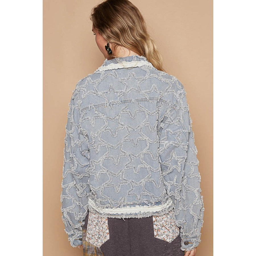 POL Star Textured Raw Hem Long Sleeve Denim Jacket Apparel and Accessories