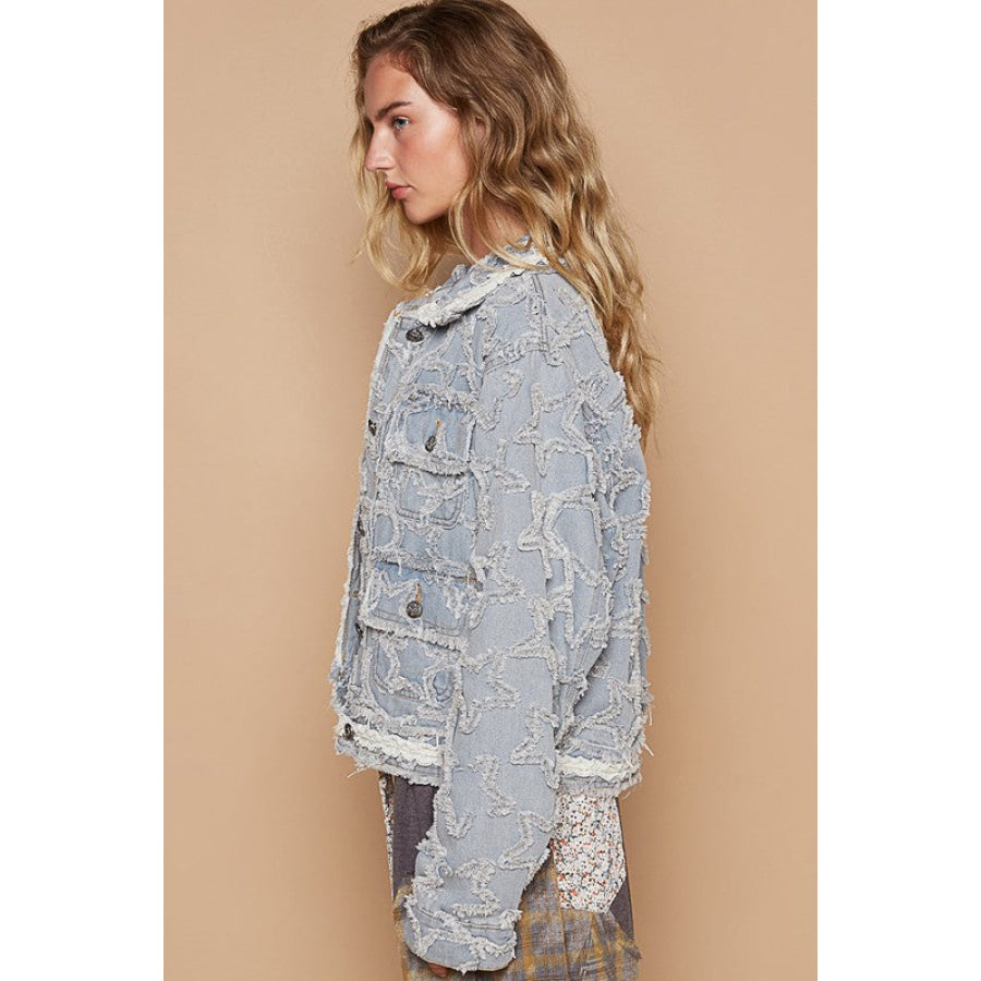 POL Star Textured Raw Hem Long Sleeve Denim Jacket Apparel and Accessories