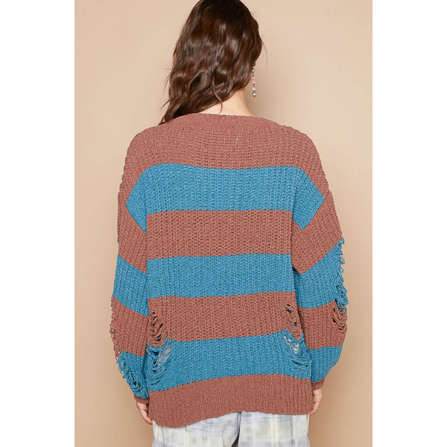 POL Striped Distressed Long Sleeve Sweater Apparel and Accessories