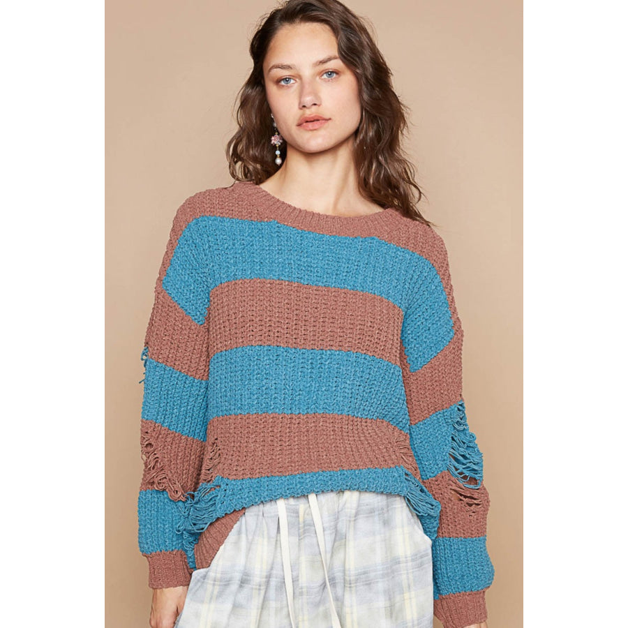 POL Striped Distressed Long Sleeve Sweater Choco/Teal / S Apparel and Accessories