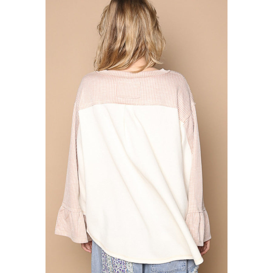 POL Striped Flounce Sleeve Exposed Seam Top Cream/Pink / S Apparel and Accessories