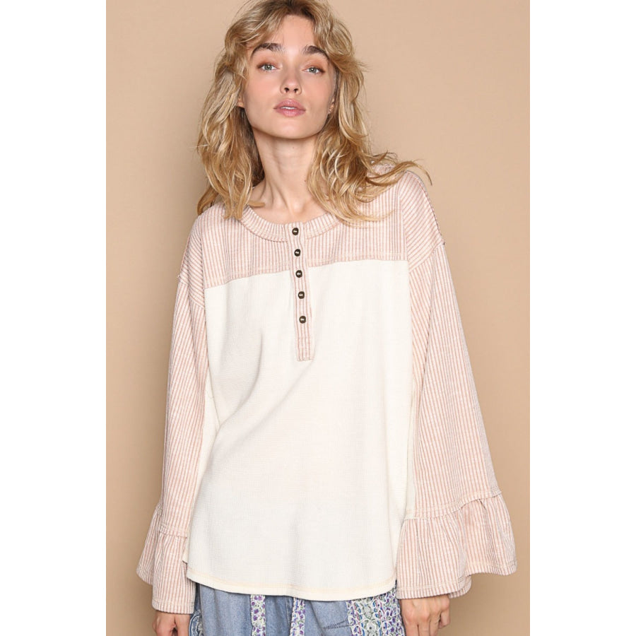 POL Striped Flounce Sleeve Exposed Seam Top Cream/Pink / S Apparel and Accessories