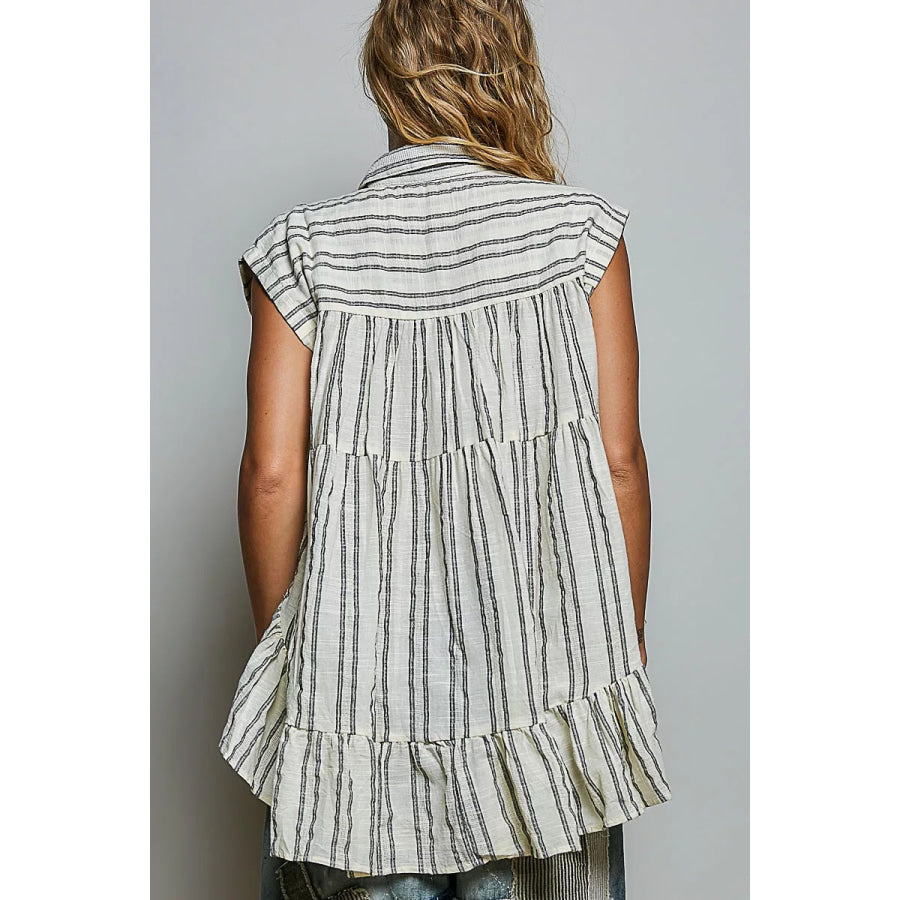POL Striped Ruffle Collared Sleeveless Cotton Top Apparel and Accessories