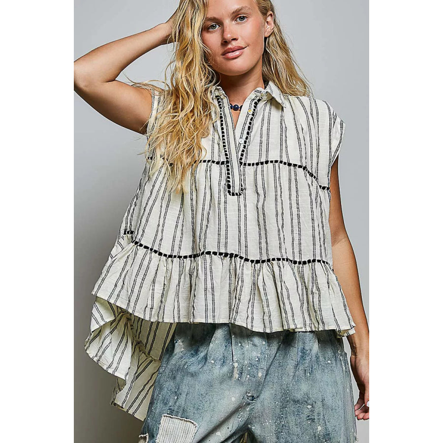 POL Striped Ruffle Collared Sleeveless Cotton Top Apparel and Accessories