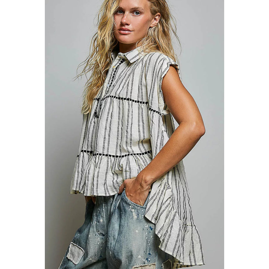 POL Striped Ruffle Collared Sleeveless Cotton Top Apparel and Accessories