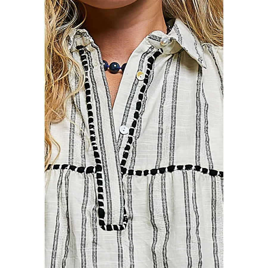 POL Striped Ruffle Collared Sleeveless Cotton Top Apparel and Accessories