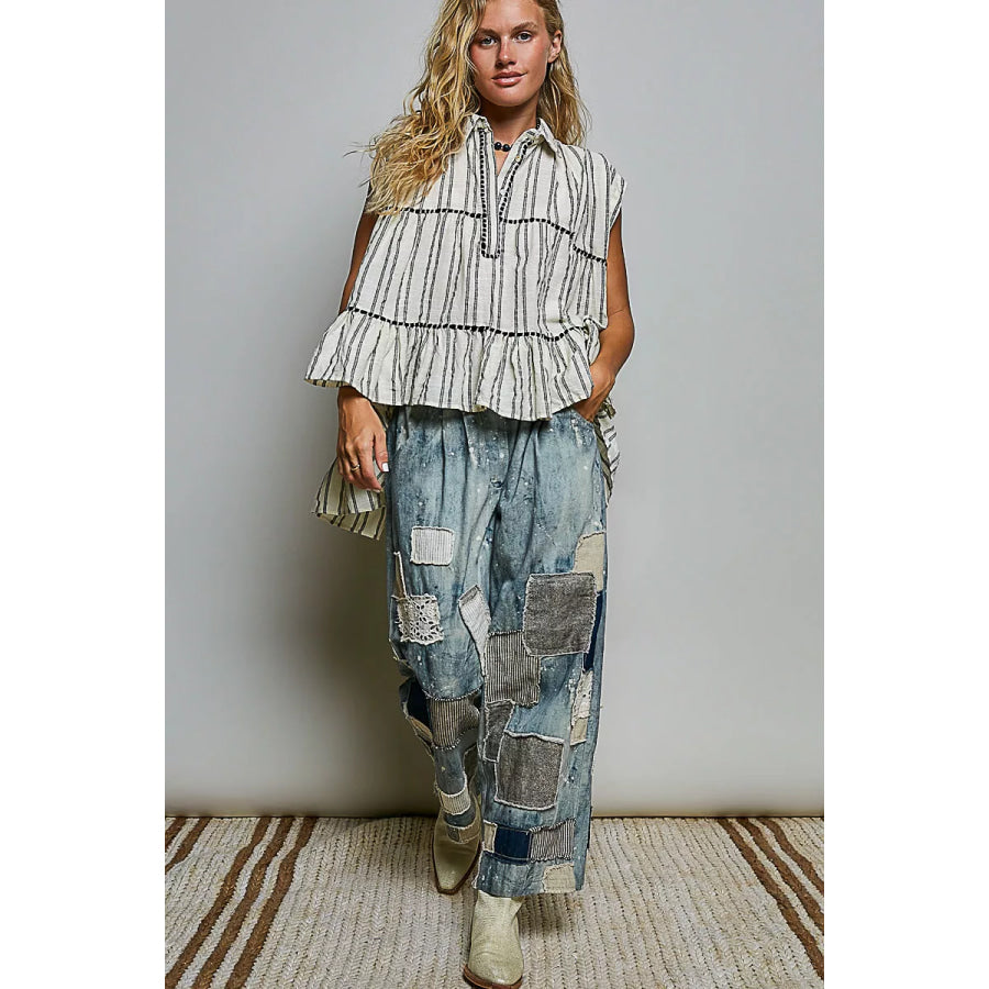 POL Striped Ruffle Collared Sleeveless Cotton Top Apparel and Accessories
