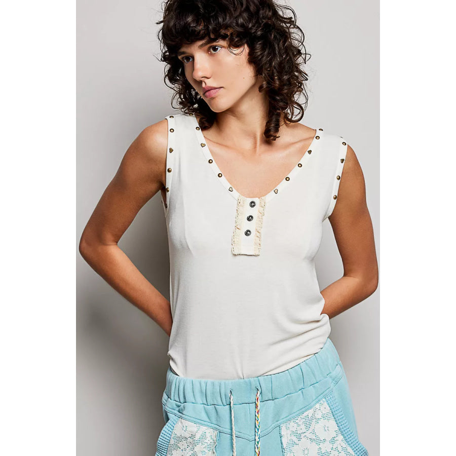 POL Studded Trim Button-Front Ruffle Detail Tank CREAM / S Apparel and Accessories