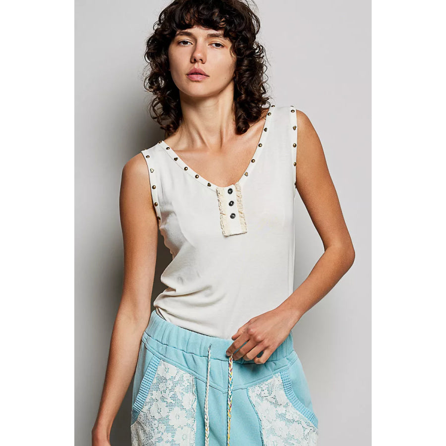 POL Studded Trim Button-Front Ruffle Detail Tank CREAM / S Apparel and Accessories